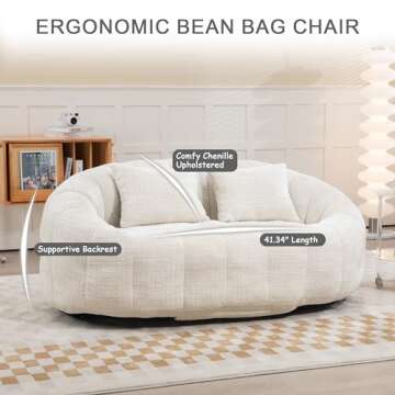 STLVUEO Bean Bag Chair, Giant Bean Bag Chairs Chenille Material, Lounge Sofa Loveseat with 2 Pillows, 2-Seat Bean Bag Couch for Living Room, Dorm Room, Bedroom, Sunroom, Beige