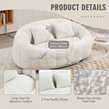STLVUEO Bean Bag Chair, Giant Bean Bag Chairs Chenille Material, Lounge Sofa Loveseat with 2 Pillows, 2-Seat Bean Bag Couch for Living Room, Dorm Room, Bedroom, Sunroom, Beige