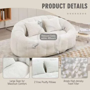 STLVUEO Bean Bag Chair, Giant Bean Bag Chairs Chenille Material, Lounge Sofa Loveseat with 2 Pillows, 2-Seat Bean Bag Couch for Living Room, Dorm Room, Bedroom, Sunroom, Beige