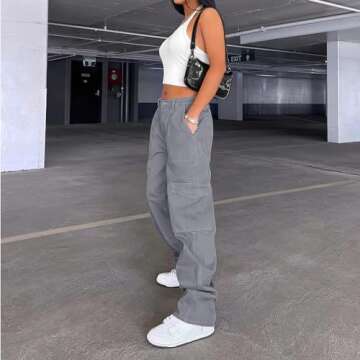 Lepunuo Cargo Pants for Women High Waisted Casual Pants Baggy Stretchy Wide Leg Y2K Streetwear with 6 Pockets Blue Grey