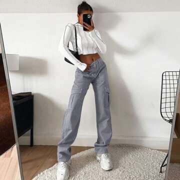 Lepunuo Cargo Pants for Women High Waisted Casual Pants Baggy Stretchy Wide Leg Y2K Streetwear with 6 Pockets Blue Grey
