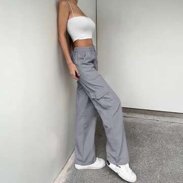 Lepunuo Cargo Pants for Women High Waisted Casual Pants Baggy Stretchy Wide Leg Y2K Streetwear with 6 Pockets Blue Grey