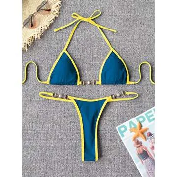 TASHEHE Women's Sexy Triangle Thong Bikini Set - Blue