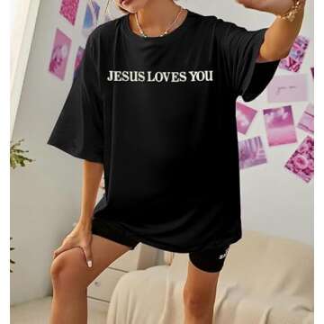 KVADN Christian Oversized Shirts Women Jesus Shirts Cute Jesus Loves You Shirt Bible Verse Shirts Christian Inspirational Tops Black, X-Large