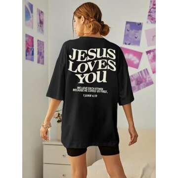 KVADN Christian Oversized Shirts Women Jesus Shirts Cute Jesus Loves You Shirt Bible Verse Shirts Christian Inspirational Tops Black, X-Large