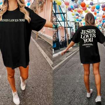 KVADN Christian Oversized Shirts Women Jesus Shirts Cute Jesus Loves You Shirt Bible Verse Shirts Christian Inspirational Tops Black, X-Large