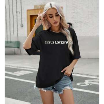 KVADN Christian Oversized Shirts Women Jesus Shirts Cute Jesus Loves You Shirt Bible Verse Shirts Christian Inspirational Tops Black, X-Large