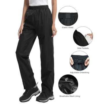 iCreek Women's Rain Pants Waterproof Hiking Pants Windproof Lightweight Over Pants Work Rain Outdoor for Golf, Fishing (Black, Small/27 Inseam)