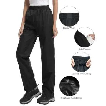 iCreek Women's Rain Pants Waterproof Hiking Pants Windproof Lightweight Over Pants Work Rain Outdoor for Golf, Fishing (Black, Small/27 Inseam)