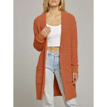 MEROKEETY Women's 2024 Winter Long Sleeve Soft Chunky Knit Sweater Open Front Cardigan Outwear Coat, Orange, L