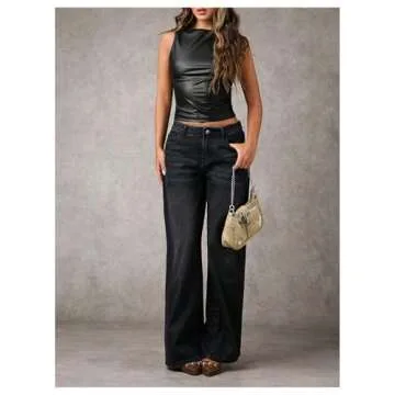 Milumia Women's Faux Leather Tank Top Shirt Ruched Fitted Going Out Tops Black X-Small