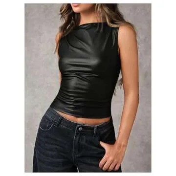 Milumia Women's Faux Leather Tank Top Shirt Ruched Fitted Going Out Tops Black X-Small