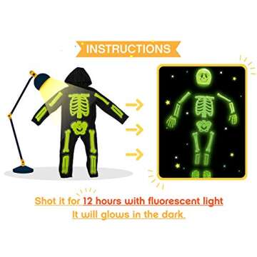 Kids Glow in The Dark Skeleton Costume Colorful Skeleton Bodysuit Jumpsuit, Boys Toddlers Children Scary Bone Skull Outfit Fancy Dress Up for Halloween Party Carnival
