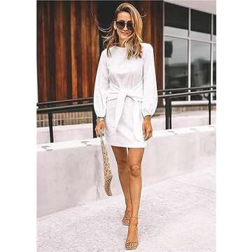 PRETTYGARDEN Women's Elegant Long Lantern Sleeve Short Dress Crewneck Tie Waist Knit Cocktail Dress (White,Small)
