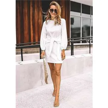 PRETTYGARDEN Women's Elegant Long Lantern Sleeve Short Dress Crewneck Tie Waist Knit Cocktail Dress (White,Small)