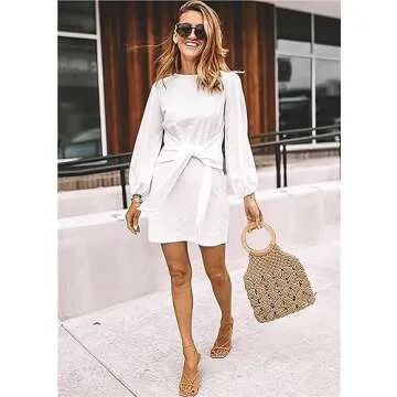 PRETTYGARDEN Women's Elegant Long Lantern Sleeve Short Dress Crewneck Tie Waist Knit Cocktail Dress (White,Small)