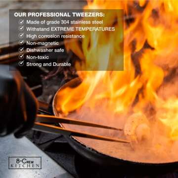 8-CREW KITCHEN Cooking Tweezers - 12 inch 304 Stainless Steel Set of 2 - Culinary Chef Tweezers for Multi-Purpose, Plating, Food Decorating & Bar