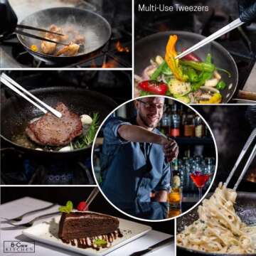 8-CREW KITCHEN Cooking Tweezers - 12 inch 304 Stainless Steel Set of 2 - Culinary Chef Tweezers for Multi-Purpose, Plating, Food Decorating & Bar