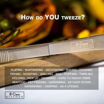 8-CREW KITCHEN Cooking Tweezers - 12 inch 304 Stainless Steel Set of 2 - Culinary Chef Tweezers for Multi-Purpose, Plating, Food Decorating & Bar