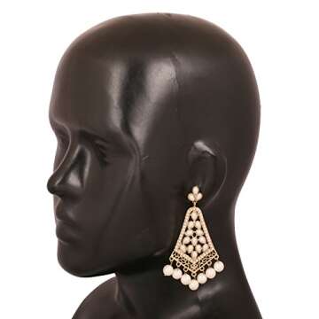 Touchstone Indian Bollywood Traditional Handcrafted Faux Pearls Long Chandelier Designer Crystal Jewelry Colorful Long Earrings Jhumki In Gold Tone For Women.