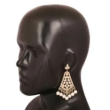 Touchstone Indian Bollywood Traditional Handcrafted Faux Pearls Long Chandelier Designer Crystal Jewelry Colorful Long Earrings Jhumki In Gold Tone For Women.