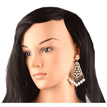 Touchstone Indian Bollywood Traditional Handcrafted Faux Pearls Long Chandelier Designer Crystal Jewelry Colorful Long Earrings Jhumki In Gold Tone For Women.