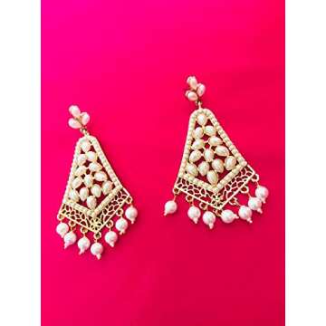 Touchstone Indian Bollywood Traditional Handcrafted Faux Pearls Long Chandelier Designer Crystal Jewelry Colorful Long Earrings Jhumki In Gold Tone For Women.