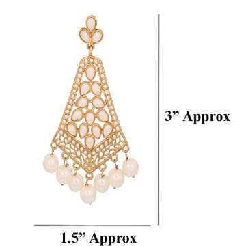 Touchstone Indian Bollywood Traditional Handcrafted Faux Pearls Long Chandelier Designer Crystal Jewelry Colorful Long Earrings Jhumki In Gold Tone For Women.