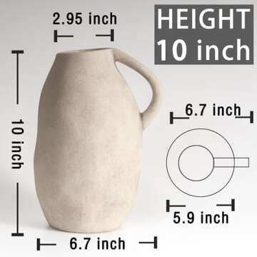 White Ceramic vase with Handle, Distressed Cement Texture, Boho Terracotta Large Pottery 10inch Tall, Rustic Farmhouse Decorative vases for Centerpieces, Unique Stoneware Jug for Flowers