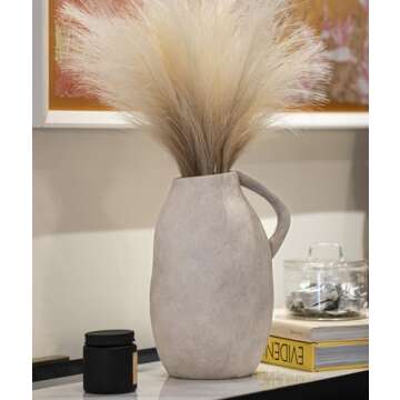 White Ceramic vase with Handle, Distressed Cement Texture, Boho Terracotta Large Pottery 10inch Tall, Rustic Farmhouse Decorative vases for Centerpieces, Unique Stoneware Jug for Flowers