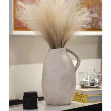 White Ceramic vase with Handle, Distressed Cement Texture, Boho Terracotta Large Pottery 10inch Tall, Rustic Farmhouse Decorative vases for Centerpieces, Unique Stoneware Jug for Flowers