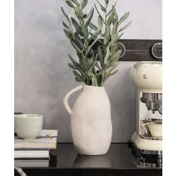White Ceramic vase with Handle, Distressed Cement Texture, Boho Terracotta Large Pottery 10inch Tall, Rustic Farmhouse Decorative vases for Centerpieces, Unique Stoneware Jug for Flowers