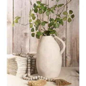White Ceramic vase with Handle, Distressed Cement Texture, Boho Terracotta Large Pottery 10inch Tall, Rustic Farmhouse Decorative vases for Centerpieces, Unique Stoneware Jug for Flowers