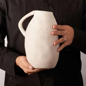 White Ceramic vase with Handle, Distressed Cement Texture, Boho Terracotta Large Pottery 10inch Tall, Rustic Farmhouse Decorative vases for Centerpieces, Unique Stoneware Jug for Flowers