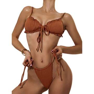 SOLY HUX Women's 3 Piece Swimsuits Triangle Bikini Set Bathing Suits with Mesh Cover Up Beach Skirt Rust Brown S