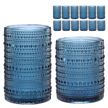 ZMOWIPDL Vintage Glassware Drinking Glasses Set of 12,Blue 12oz & 15oz Hobnail Glass Cups,Embossed W...