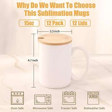 RAINBOWTIE Sublimation Mugs 15 oz Sublimation Mugs Blank with Bamboo Lid White Coffee Mugs Sublimation Coffee Mugs Mug Sets Coffee Cup with Lid Set of 12