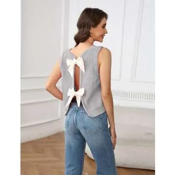 Lianlive Sweater Vest Top for Women Casual Crop Knit Cardigan Vest Bow Tie Back Knitted Tank Tops (Gray-L)