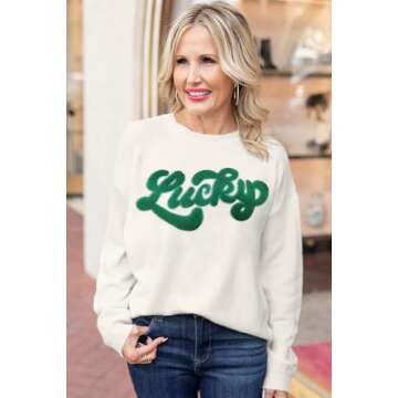 LEMAFER Women's 2025 St. Patrick's Day Sweater Green Sequin Lucky Letter Round Neck Casual Long Sleeve Sweatshirt Pullover Tops