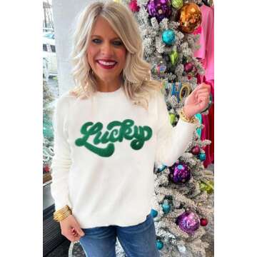 LEMAFER Women's 2025 St. Patrick's Day Sweater Green Sequin Lucky Letter Round Neck Casual Long Sleeve Sweatshirt Pullover Tops
