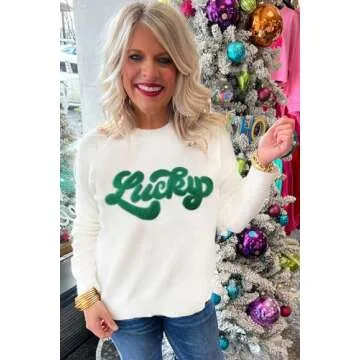 LEMAFER Women's 2025 St. Patrick's Day Sweater Green Sequin Lucky Letter Round Neck Casual Long Sleeve Sweatshirt Pullover Tops