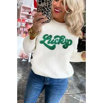 LEMAFER Women's 2025 St. Patrick's Day Sweater Green Sequin Lucky Letter Round Neck Casual Long Sleeve Sweatshirt Pullover Tops