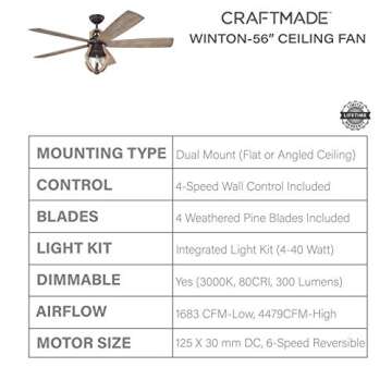Craftmade WIN56ABZWP5 Winton Rustic 56" Ceiling Fan with Light and Remote, 5 Weathered Pine Blades, Aged Bronze Brushed