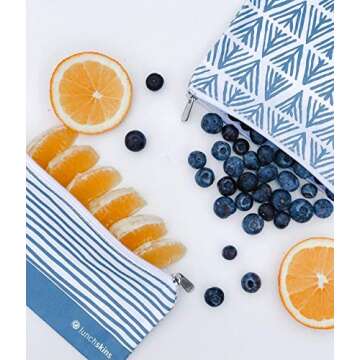 Lunchskins Reusable 2-Piece Zippered Food Storage Bag Set, 1 Sandwich Bag + 1 Snack Bag, Blue Geometric Design - Eco-Friendly, Each Bag Replaces 500 Plastic Bags