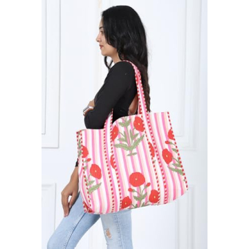 KLAVATE Women 100% Cotton Quilted Shoulder Bag Tote Bag Beach Casual Work Bag Women Large Capacity Bags for Shopping (DESIGN 13)