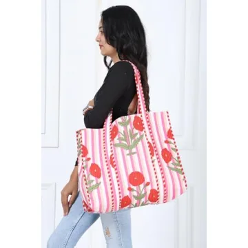 KLAVATE Women 100% Cotton Quilted Shoulder Bag Tote Bag Beach Casual Work Bag Women Large Capacity Bags for Shopping (DESIGN 13)