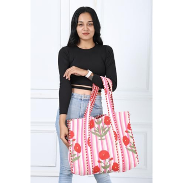 KLAVATE Women 100% Cotton Quilted Shoulder Bag Tote Bag Beach Casual Work Bag Women Large Capacity Bags for Shopping (DESIGN 13)