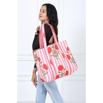 KLAVATE Women 100% Cotton Quilted Shoulder Bag Tote Bag Beach Casual Work Bag Women Large Capacity Bags for Shopping (DESIGN 13)