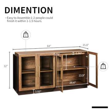 LUXOAK Sideboard Buffet Cabinet with Storage,64" Cabinet with Glass Door, Modern Wood Glass-Buffet Cabinet for Dinning Room,Kitchen, Hallway, and Living Room,Barnwood+Brown