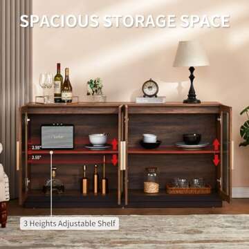LUXOAK Sideboard Buffet Cabinet with Storage,64" Cabinet with Glass Door, Modern Wood Glass-Buffet Cabinet for Dinning Room,Kitchen, Hallway, and Living Room,Barnwood+Brown